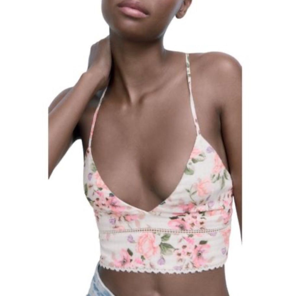 Zara Floral Crop Top V Neck Crosses In Back NWT size small